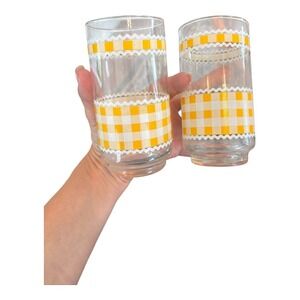 Vintage Libby Yellow Gingham Glasses Set of 4 Retro Kitchen Decor